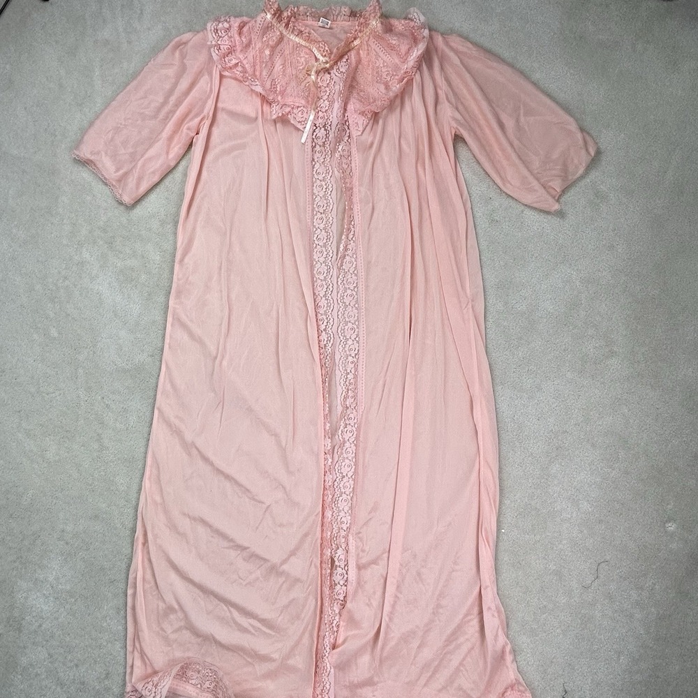 Vintage St. Michael Nylon & Lace Robe Lingerie Long Silky Peach